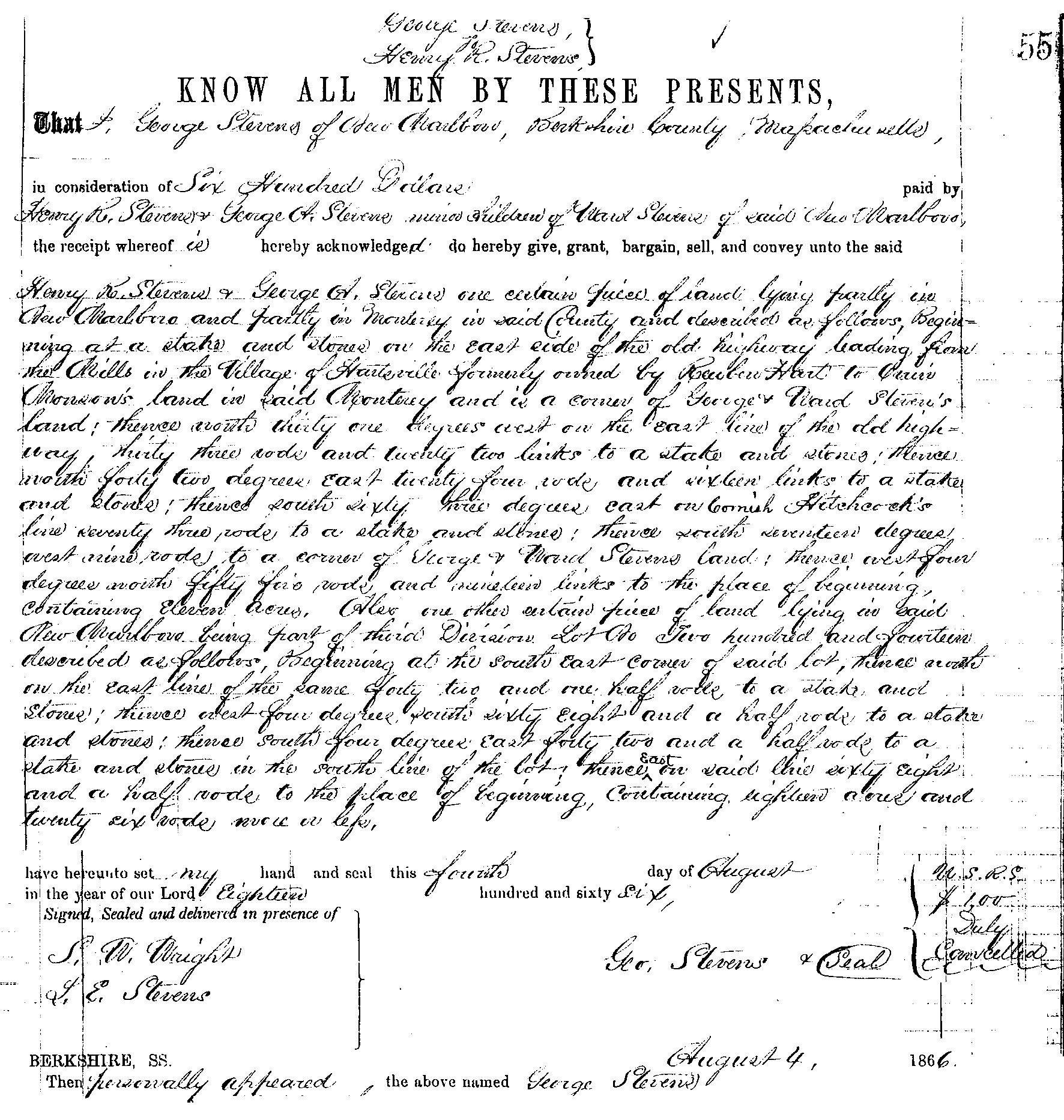 1886 Deed transfer of the Stevens Lumber Property